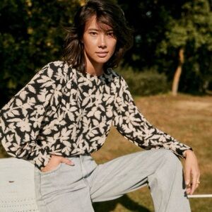 Sezane Black and Ecru Linon Blouse — 8 US | 40 FR